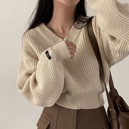 Letter Patch Loose Leisure All-matching Long Sleeve Knitted Pullover Sweater